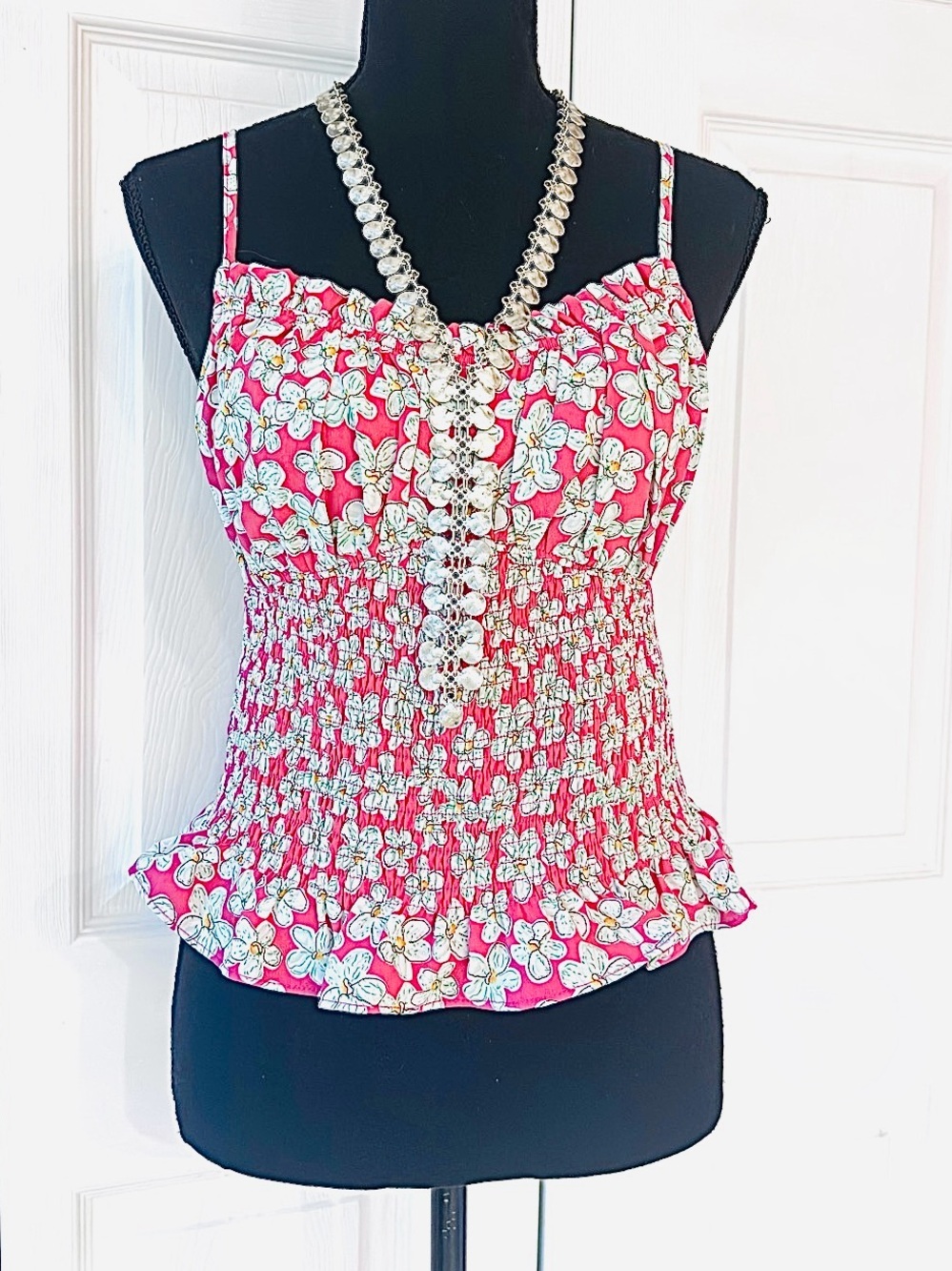 KORI ~ Pink and White Floral Spaghetti Strap Smocked Top